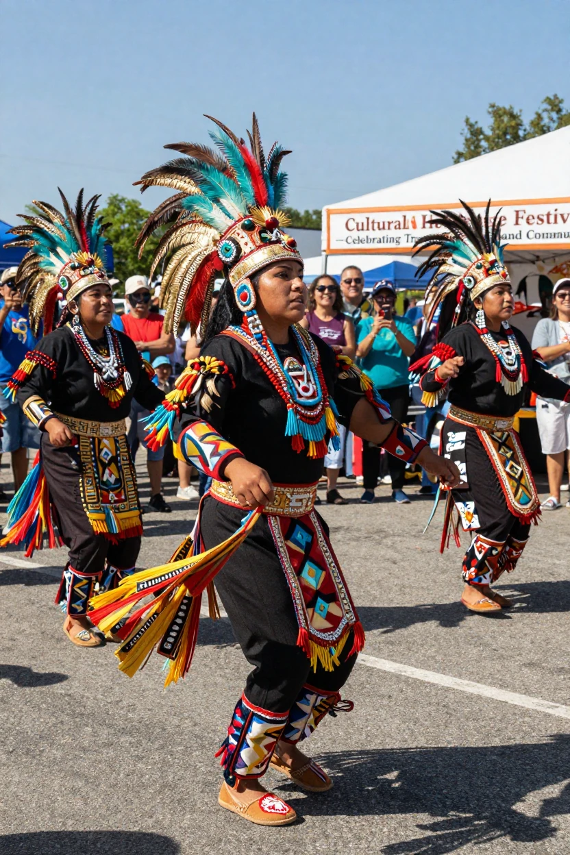 A group of Aztec-inspired dancers performs during a cultural heritage festival.