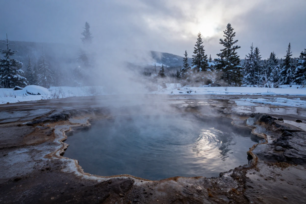 A steaming volcanic hot spring surrounded by snow as the first snow of winter falls