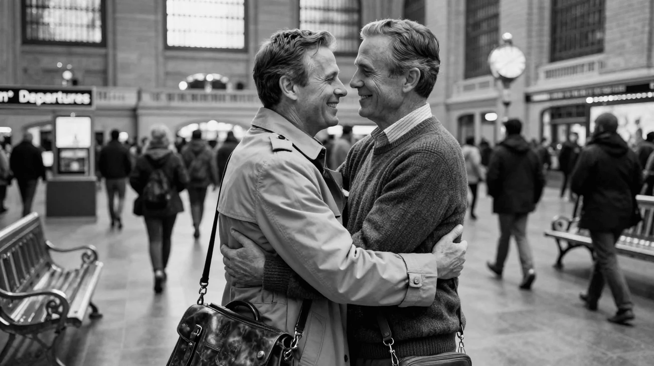 Two old college roommates reunite after years apart at a crowded train station.