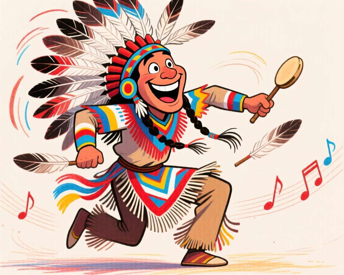 A Native American powwow dancer in full feathered regalia, mid-dance to drumbeats.