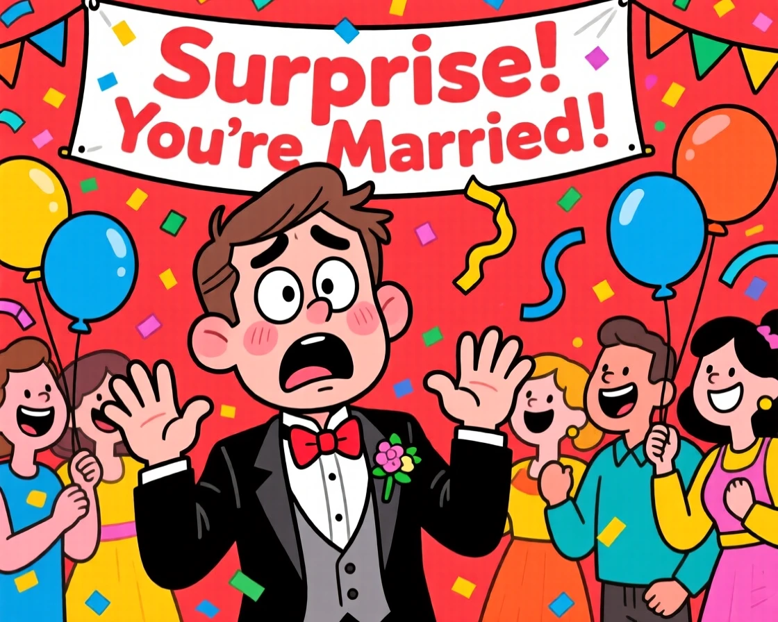 A funny expressive moment showing a nervous groom reacting with exaggerated shock to a surprise party, with a look of pure comic disbelief.