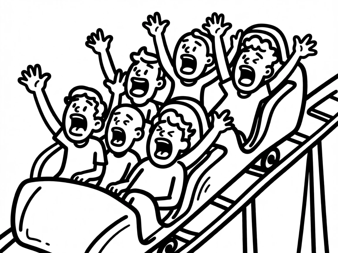 Friends riding a roller coaster, arms up and mouths open mid-scream of joy.