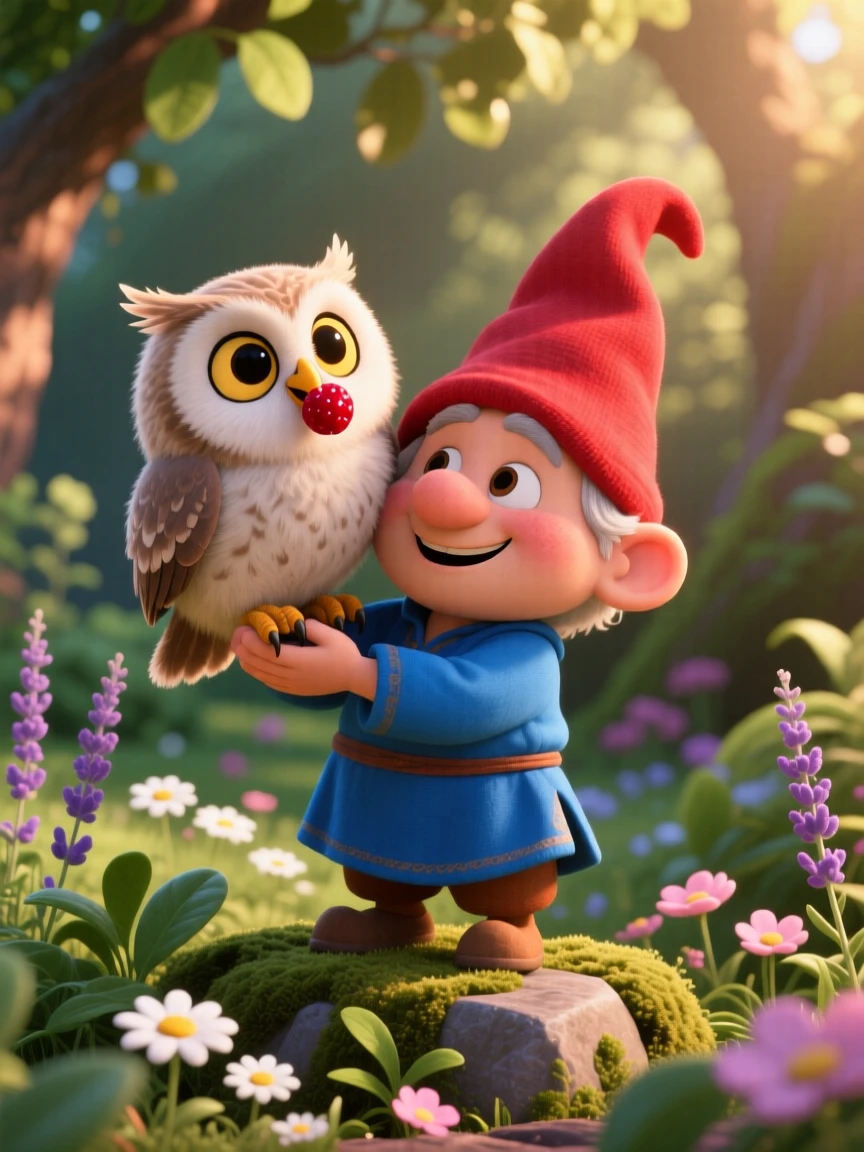 A fuzzy baby owl is perched on a garden gnome's shoulder, nibbling on a piece of fruit. Innocent curiosity shines through the moment, with a scattering of small flowers around it.