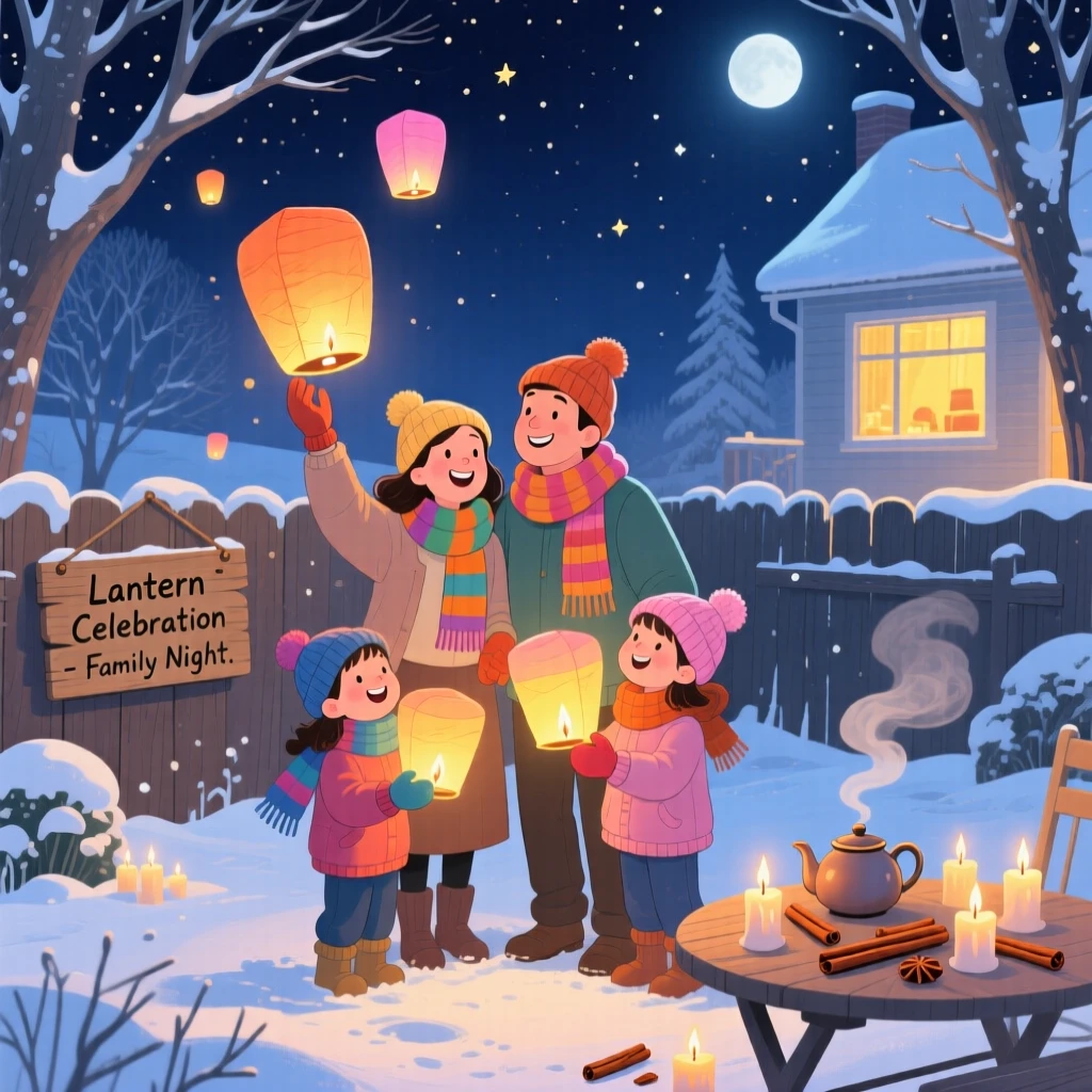 In a frosty backyard, a family gathered together celebrate together by sending paper lanterns floating into the night sky, as the scent of cinnamon fills the air.