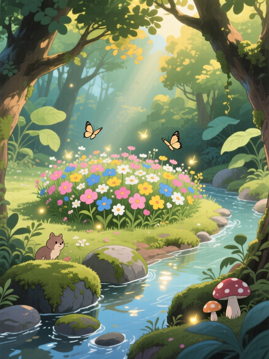 A secret clearing where wildflowers bloom in a perfect circle, a narrow stream trickling over smooth stones, creating a scene of quiet natural magic.