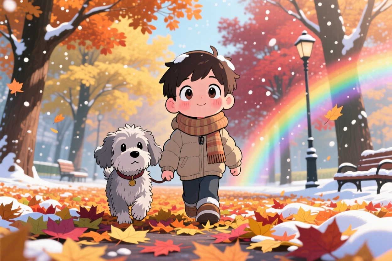 Low-angle shot looking up: a boy and his old dog, walking together through fallen leaves, set against a quiet autumn park during a cozy winter snowfall, with bright rainbow-tinted light and a mood of proud determination.