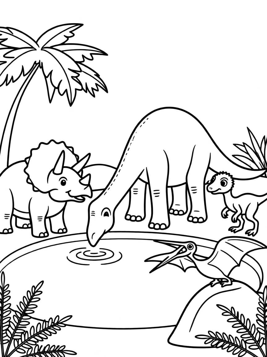 A group of dinosaurs gathering at a watering hole