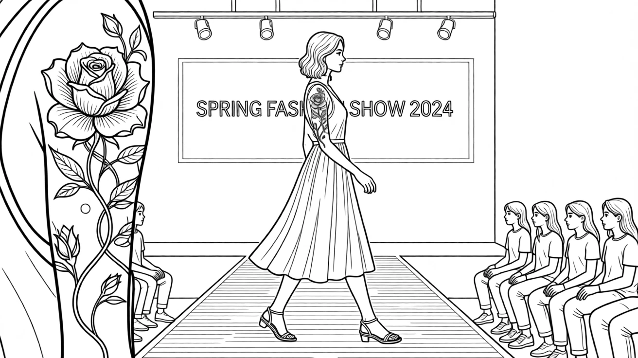 A tattoo design of a blooming rose wrapped in vines, photographed on a runway during a fashion show.