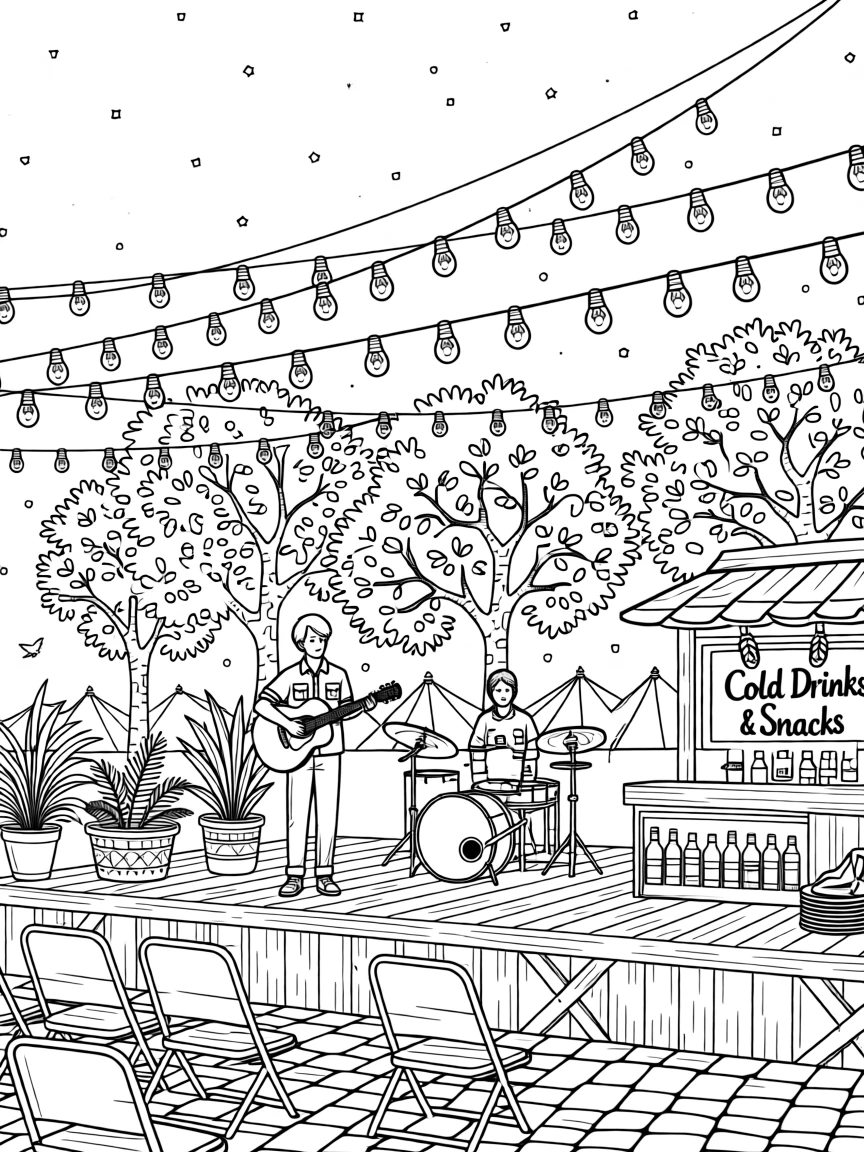 A summer outdoor concert scene with string lights and a starry sky.