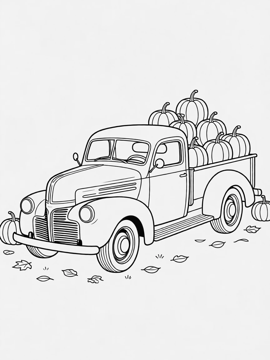 A vintage pickup truck loaded with pumpkins in autumn