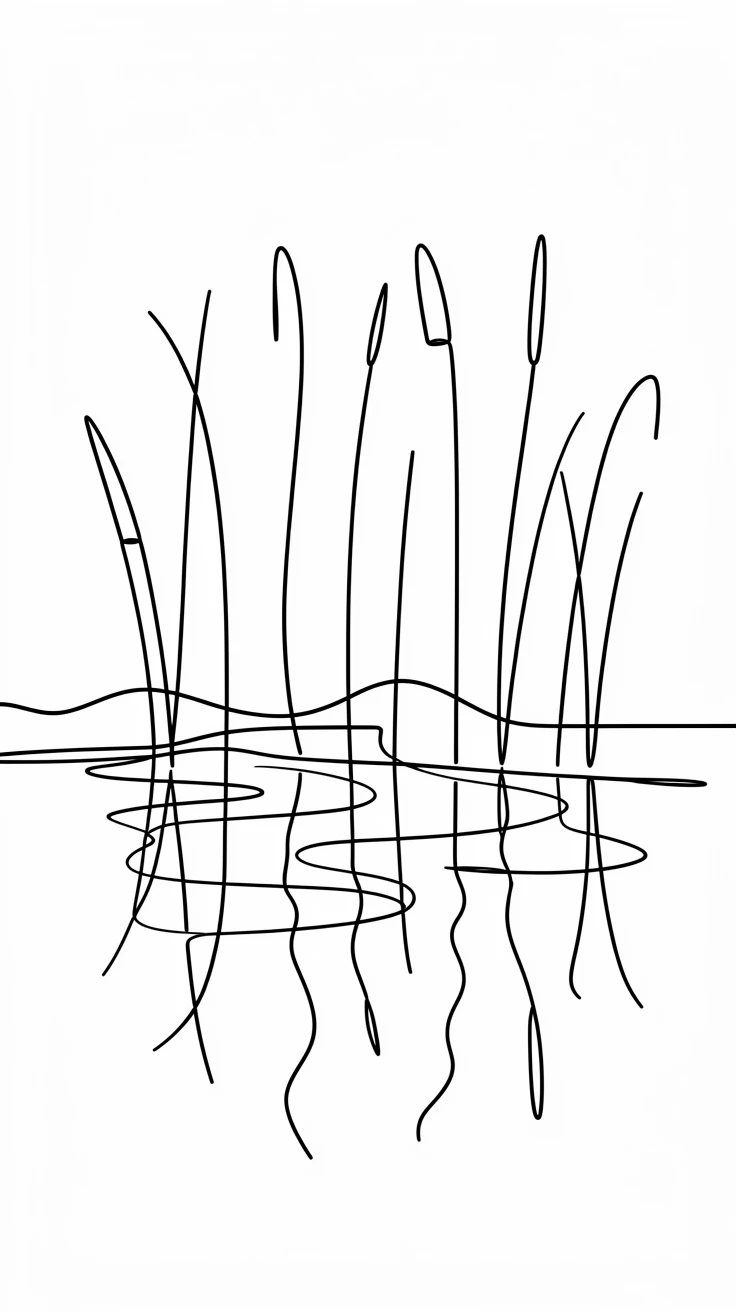 A tranquil marshland with tall reeds reflected in still water