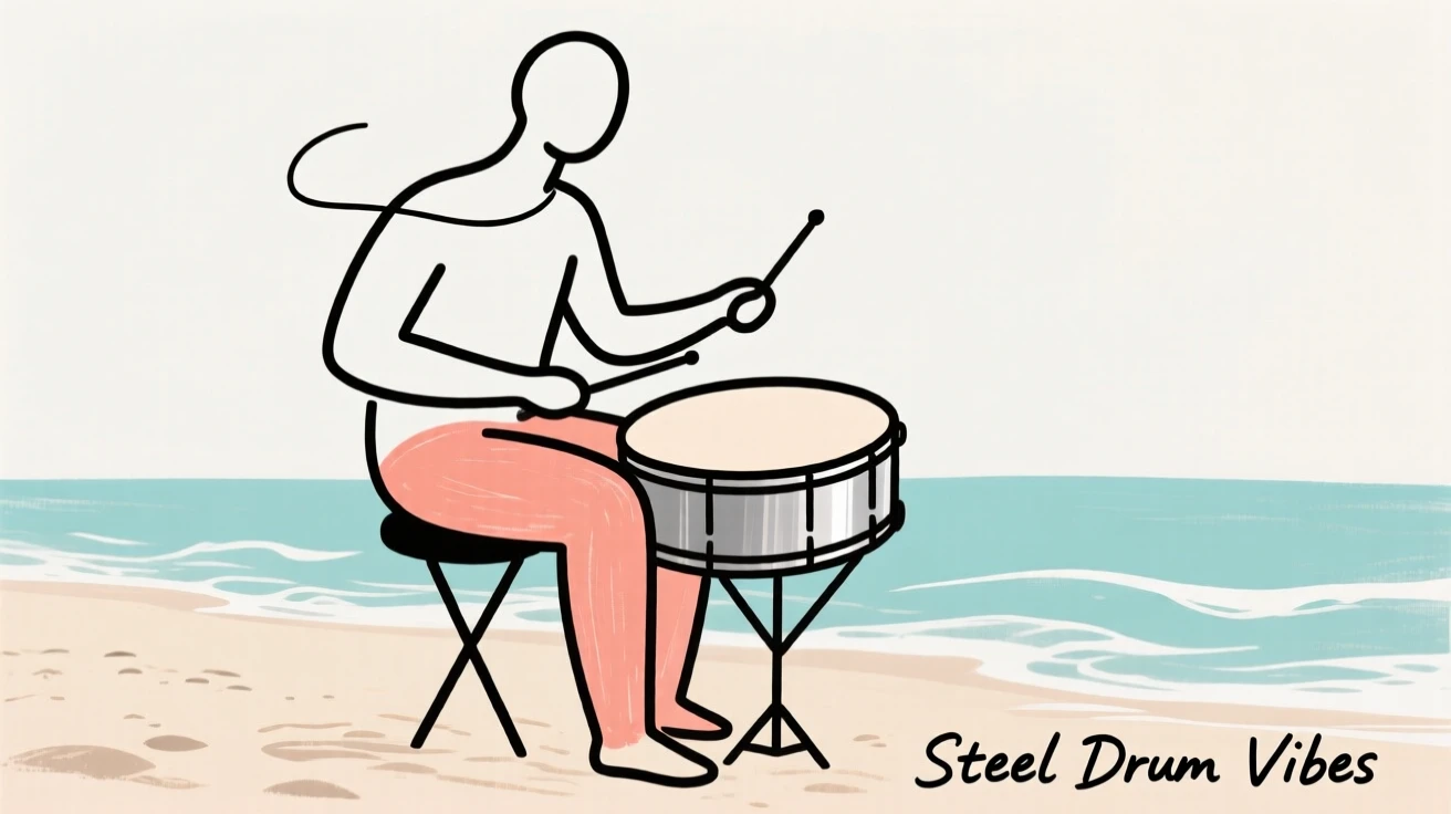 A steel drum player on a beach