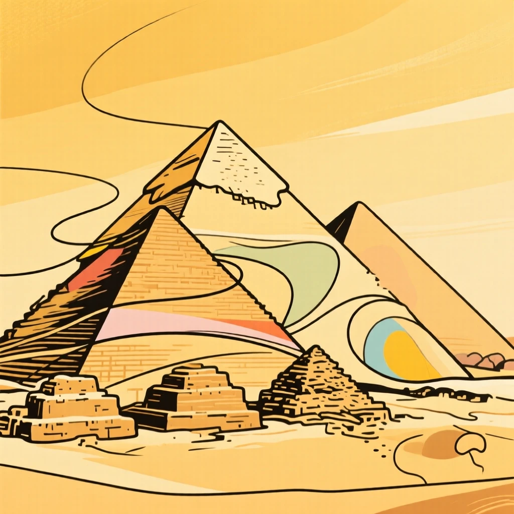 The pyramids of Giza standing tall against a golden desert sky.
