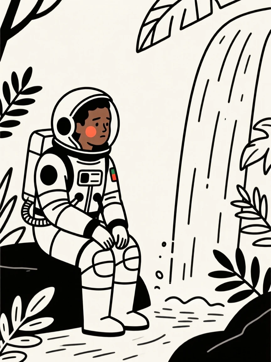 An astronaut of ethiopian heritage in training, lost in quiet contemplation, by a waterfall in the jungle.