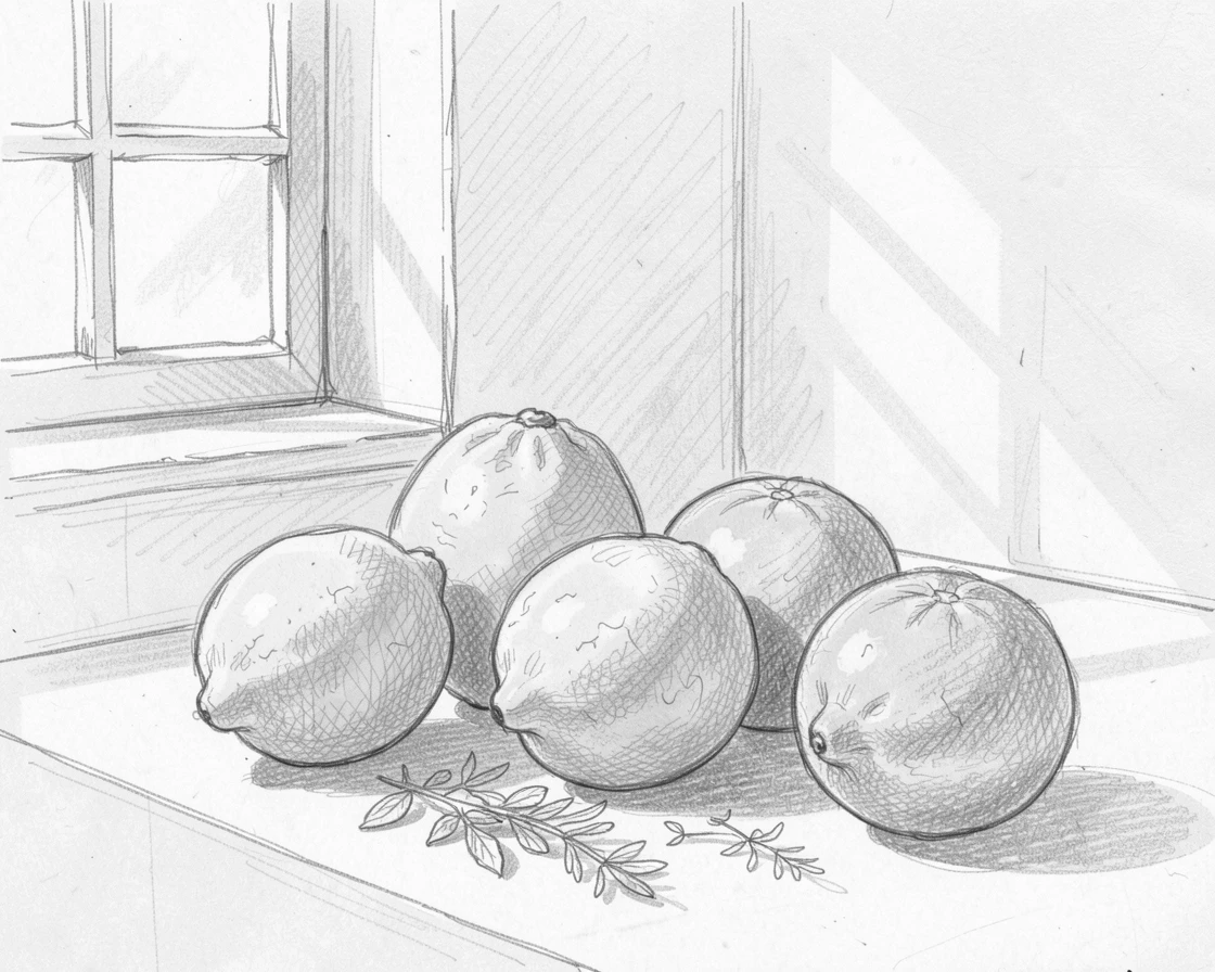 An appetizing still life of a citrus fruit still life with lemons and oranges beside a sunlit kitchen window, with fresh herbs scattered nearby.