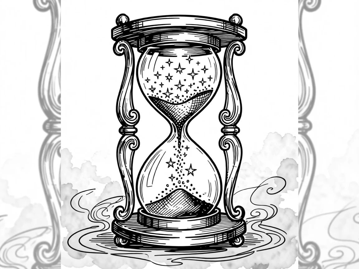 A magical hourglass where sand falls upward, releasing tiny glowing stars.