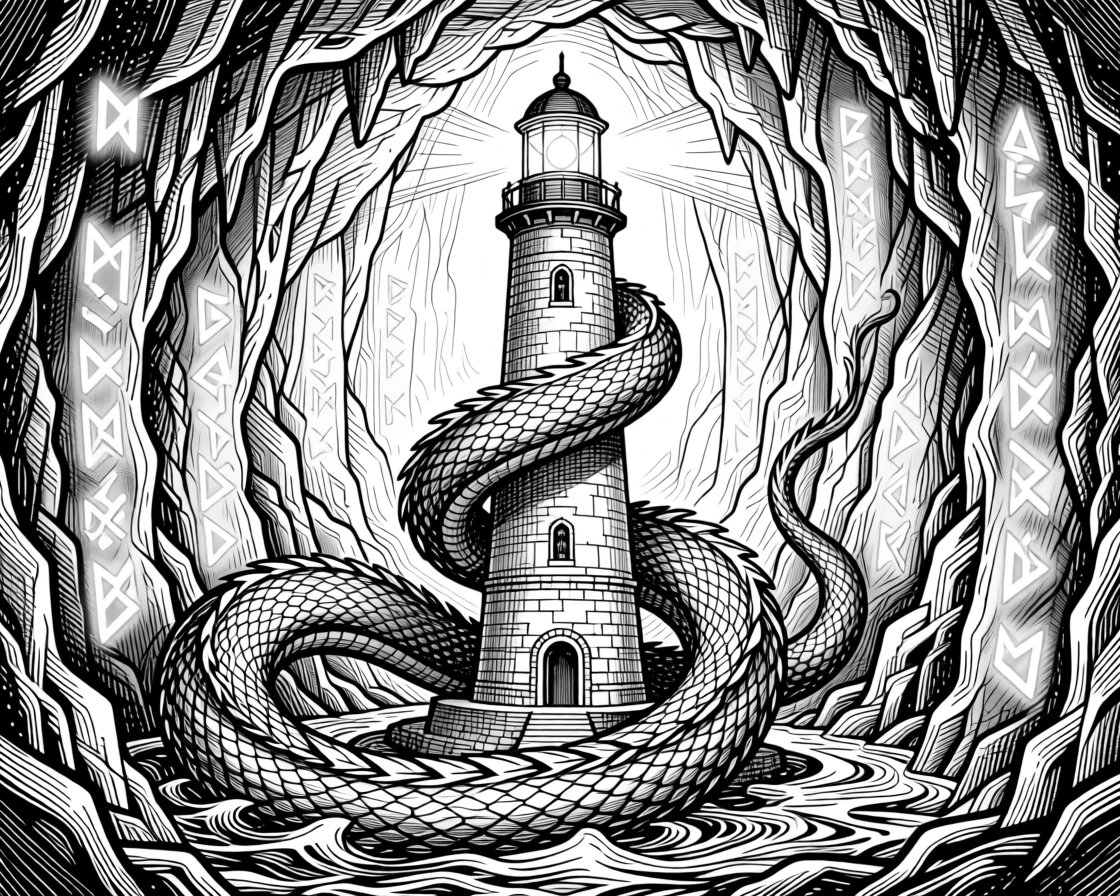 A sea serpent coiling around a lighthouse deep within a glowing underground cavern, with glowing runes etched into ancient stone, forming a gently otherworldly fantasy scene.
