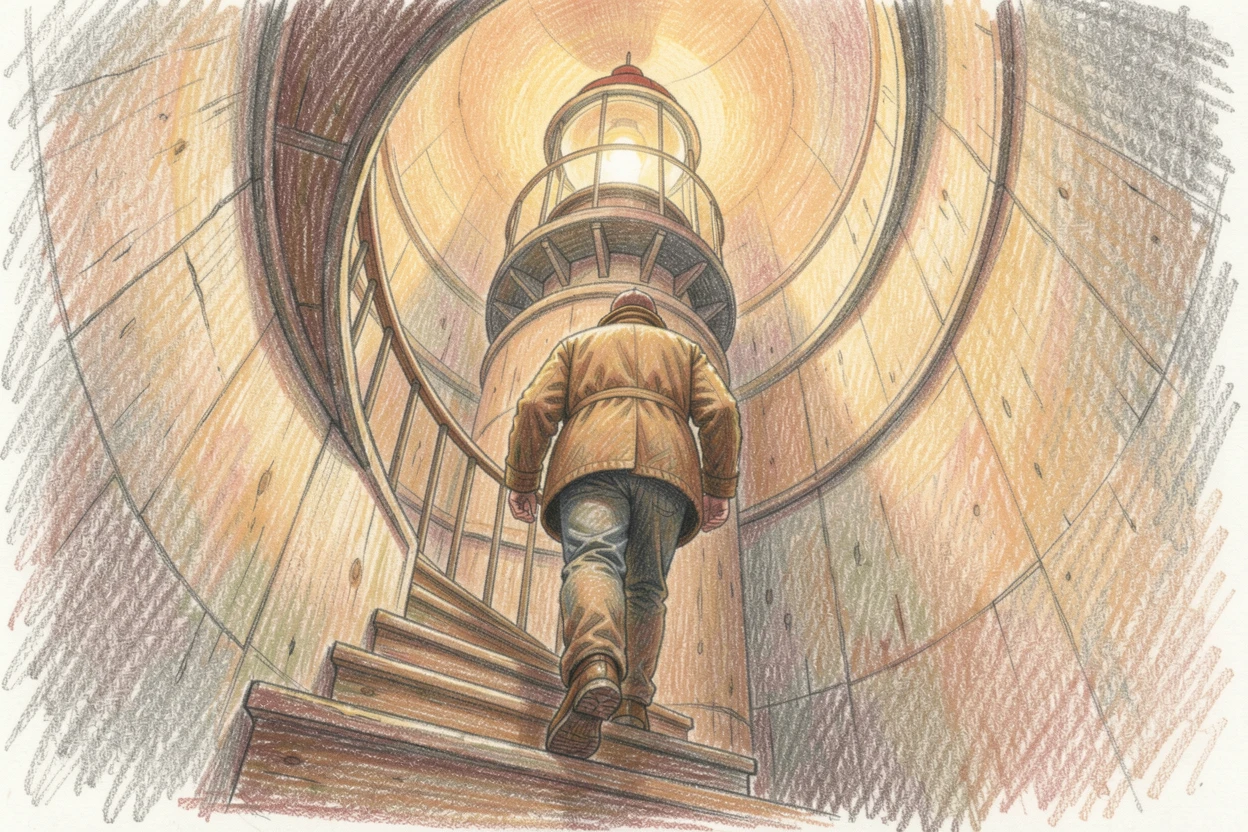 A lighthouse keeper climbing spiral stairs toward a glowing lamp, with soft, natural light bringing warmth to every detail, celebrating a moment people would love to revisit.