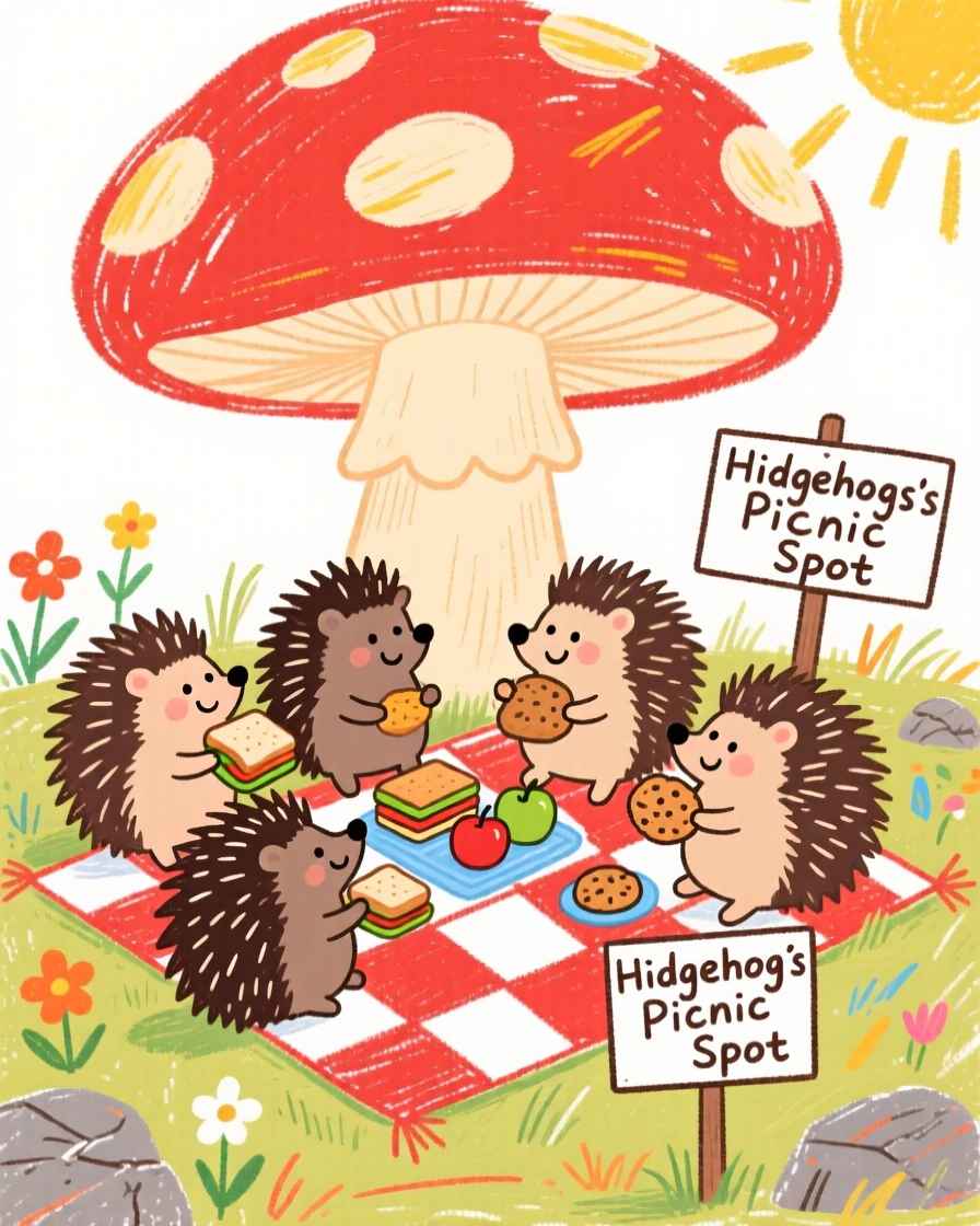 A group of hedgehogs having a picnic beneath a giant mushroom.