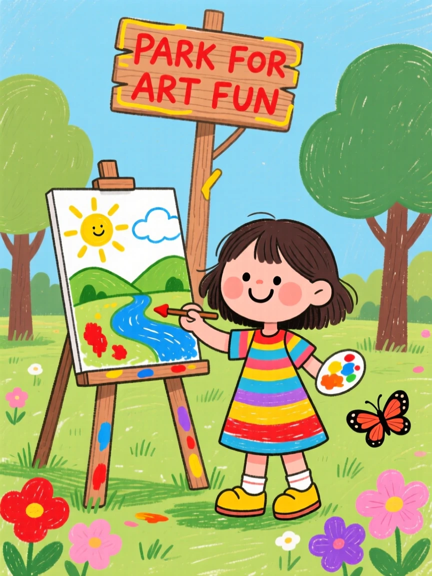A girl painting a landscape on an easel in a park.