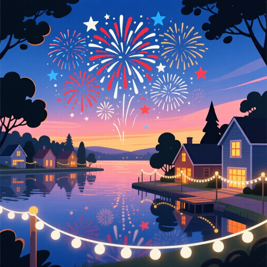 A Fourth of July fireworks display over a lakeside town, surrounded by twinkling fairy lights at dusk, composed with warm inviting light filling the scene, with warm twinkling lights adding a magical sparkle.