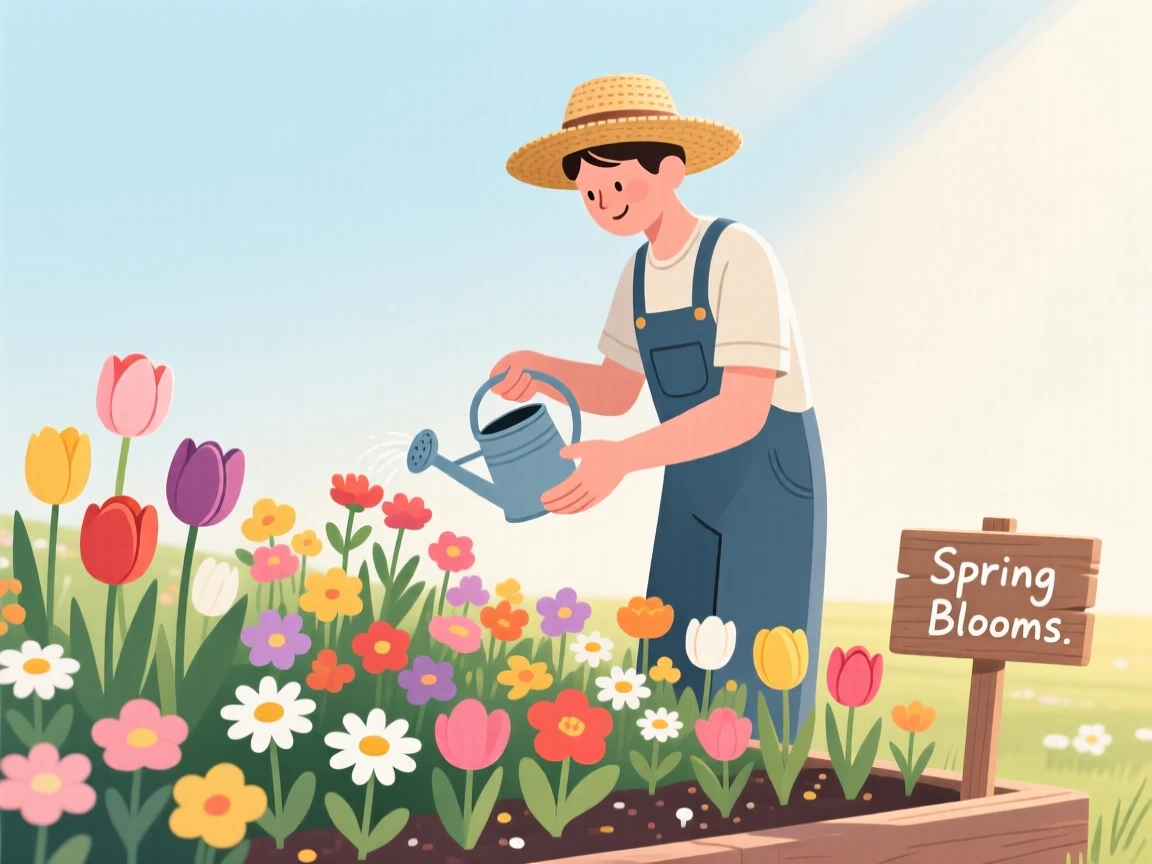 A gardener tending to a colorful flower bed on a spring morning.