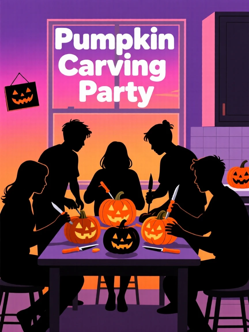 A group of friends carving pumpkins together at a kitchen table.