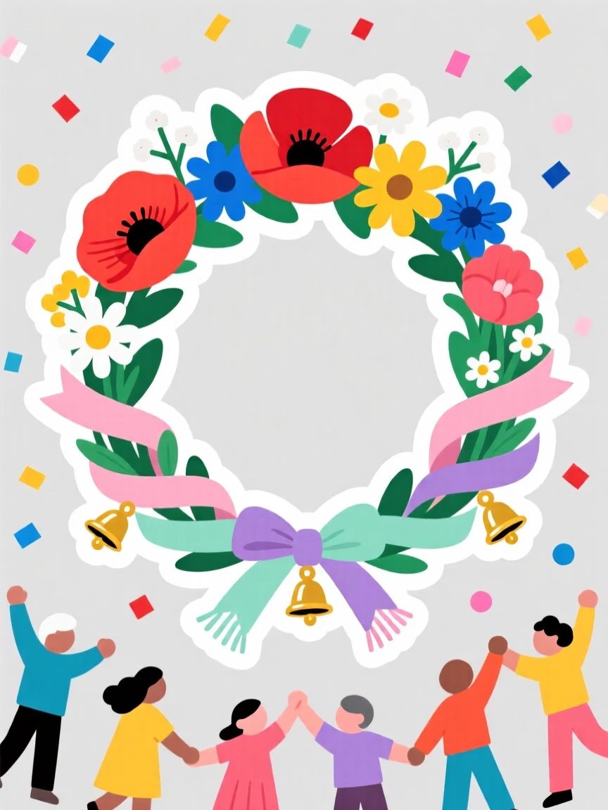 A brightly colored May Day flower crown woven with fresh blooms, decorated with ribbons and small ornaments, as the whole neighborhood celebrates together.
