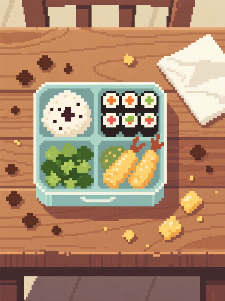 A bento box packed with tiny meals surrounded by scattered crumbs and a napkin, on a rustic wooden kitchen table.