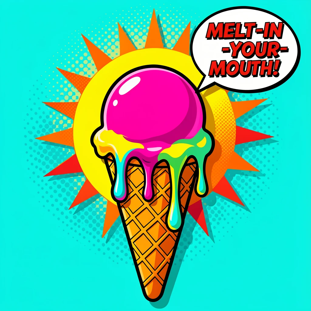 A scoop of gelato in a waffle cone melting slightly in the sun