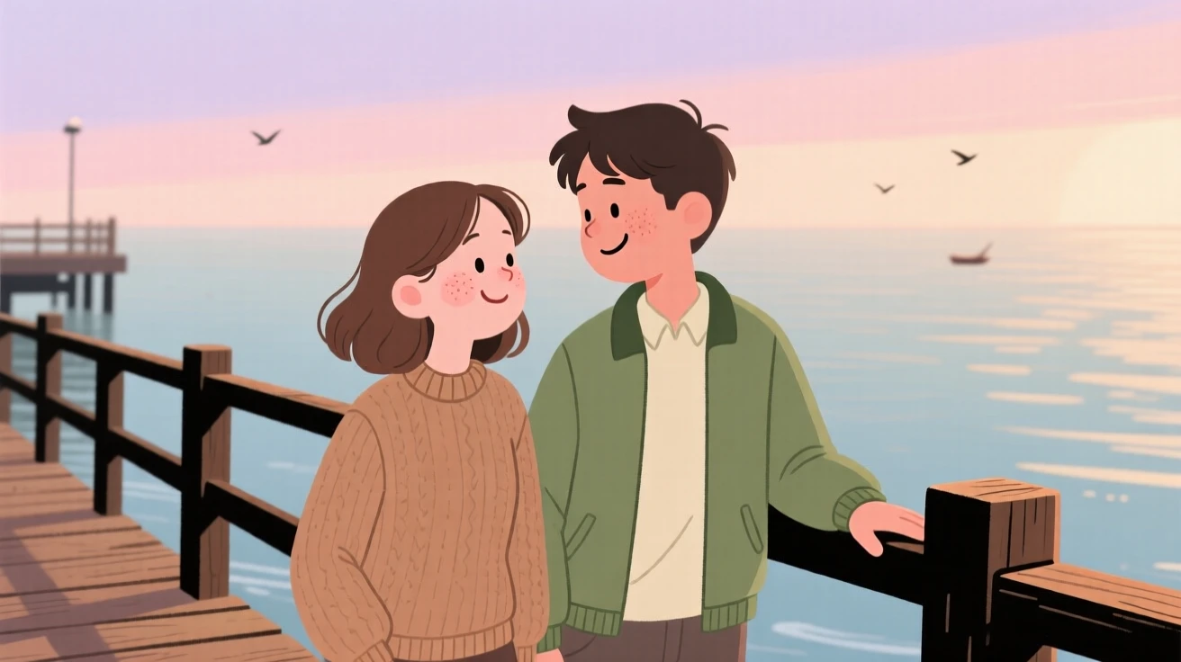 A couple shares a quiet moment on a pier railing at dawn, exchanging a warm smile as the last light fades over the water surrounds them.