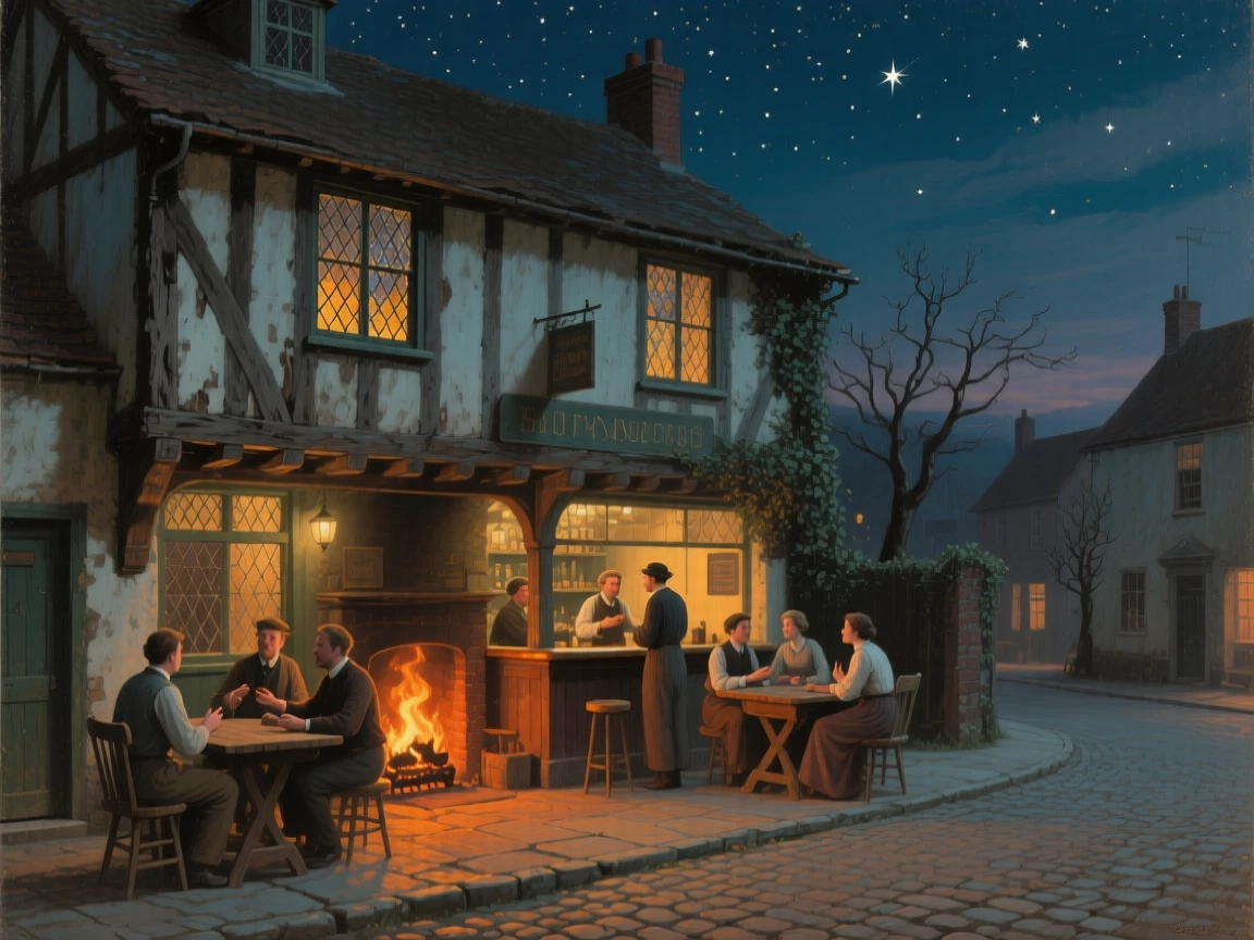 A centered composition of a village pub with a roaring fire and patrons sharing stories, under a canopy of stars, in the early 1900s.