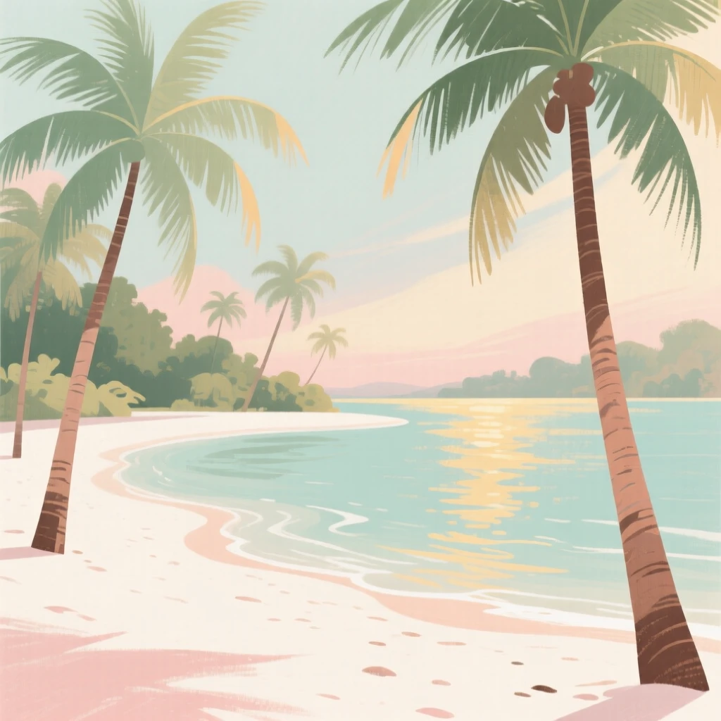 A tropical lagoon fringed with palm trees and white sand