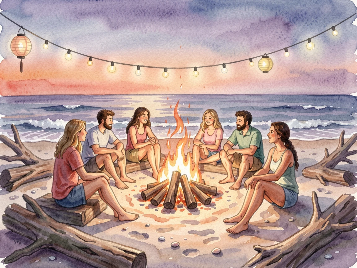 A summer beach bonfire with friends gathered around with festive decorations glowing softly.
