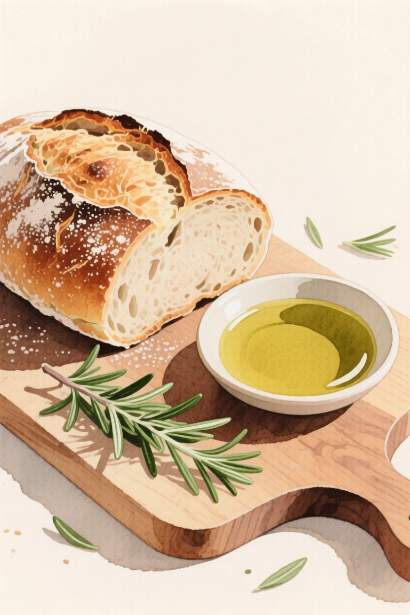 A rustic loaf of sourdough bread rests on a wooden board beside a dish of olive oil and fresh rosemary