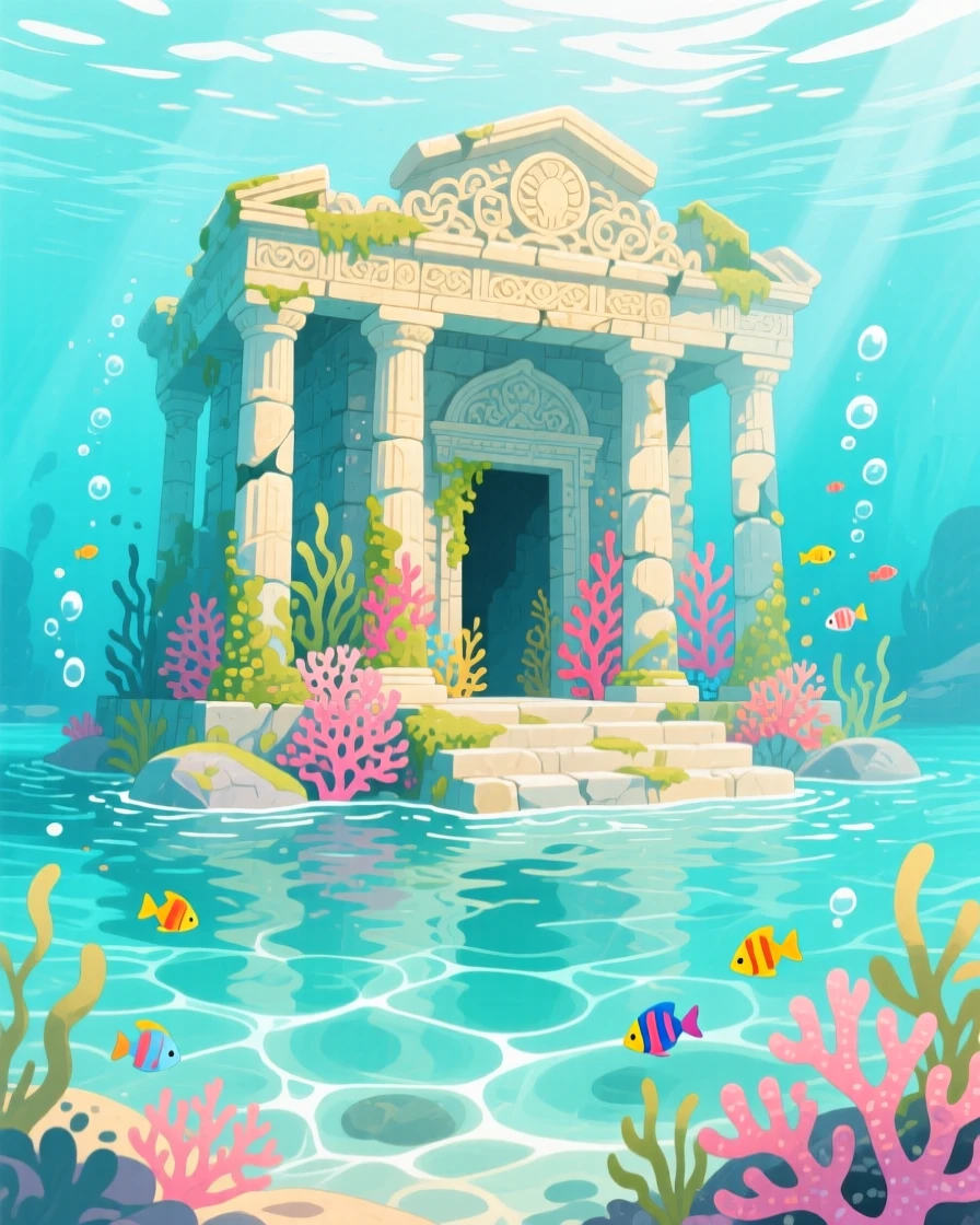 A sunken temple visible beneath clear water, bathed in soft magical light.