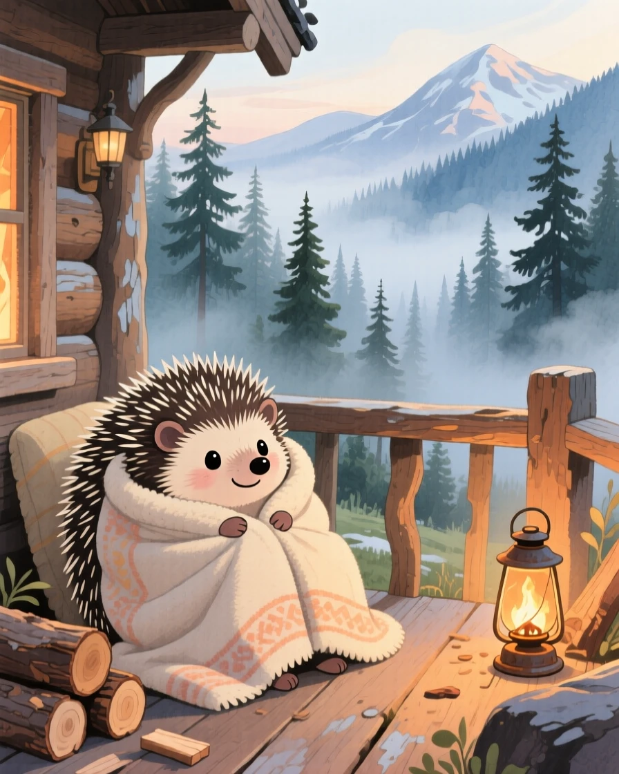 A tiny hedgehog snuggling under a cozy blanket by a fireplace, set in a mountain cabin porch overlooking misty pines, full of playful curiosity.