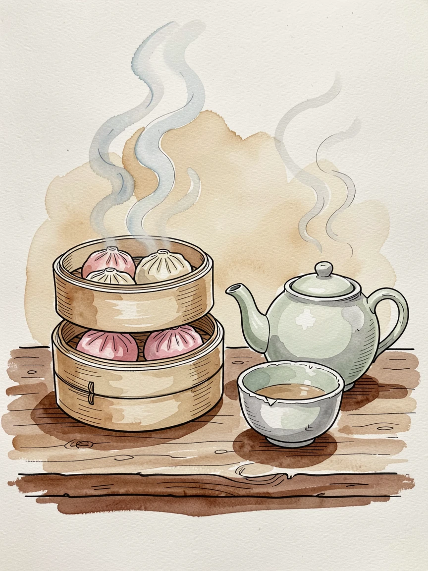 A stack of fluffy dim sum baskets steaming beside a pot of tea, rustic tableware adding warmth and character to the setting.