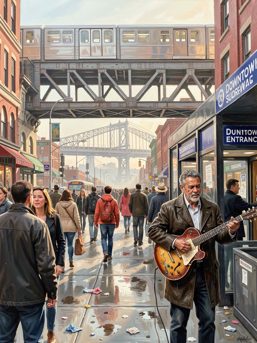 On a busy weekday morning with commuters filling the streets, an elevated train crossing above a crowded avenue, with a network of bridges connecting distant districts, a musician playing beside a busy subway entrance.
