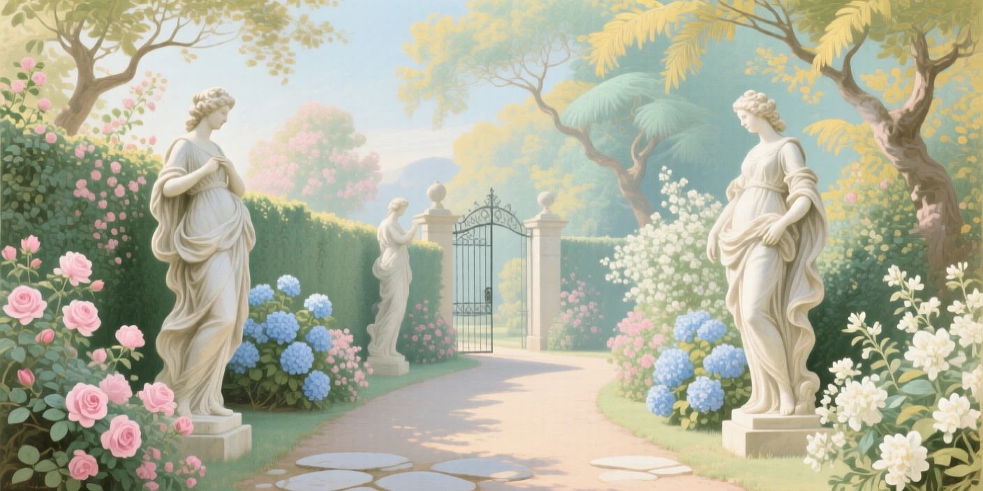 A secret garden path lined with flowering hedges and marble statues  