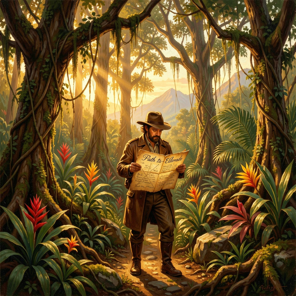 A lone traveler navigates a dense jungle using an old map.