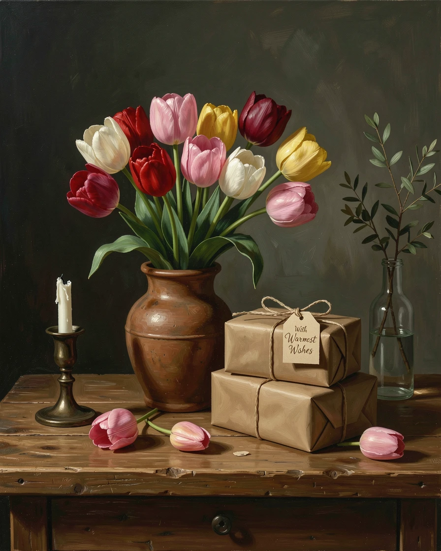 A bouquet of tulips arranged beside a stack of gift-wrapped presents, surrounded by tasteful, understated decorative details, offering a classic, gallery-worthy still life composition