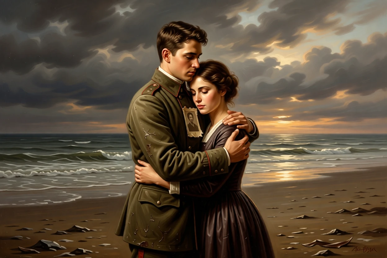 A young soldier saying farewell to his sweetheart before departing for war as the weight of years finally lifts, set on a storm-battered shoreline at first light, with a faded photograph clutched tightly to a chest; the composition uses negative space to emphasize the distance just closed, capturing love that has endured distance and time.