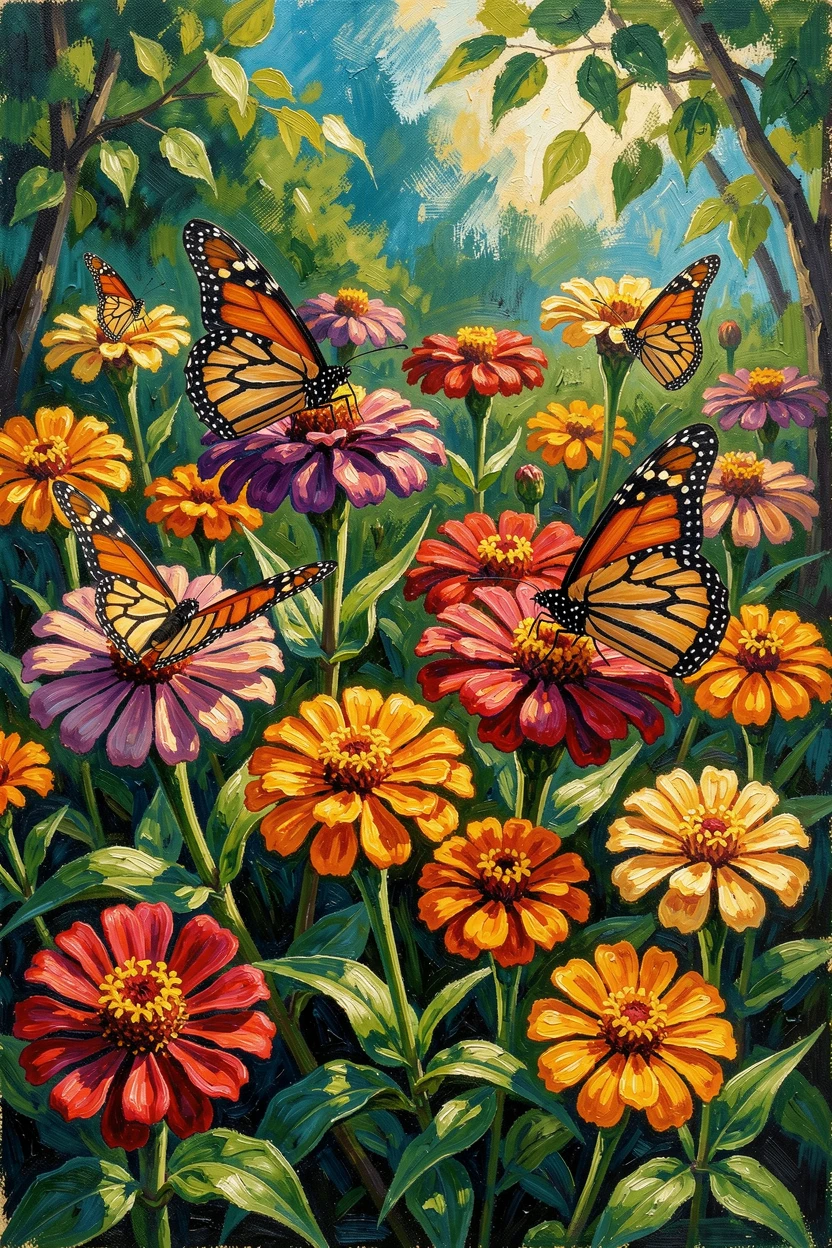 A butterfly garden alive with monarchs resting on bright zinnias and marigolds.