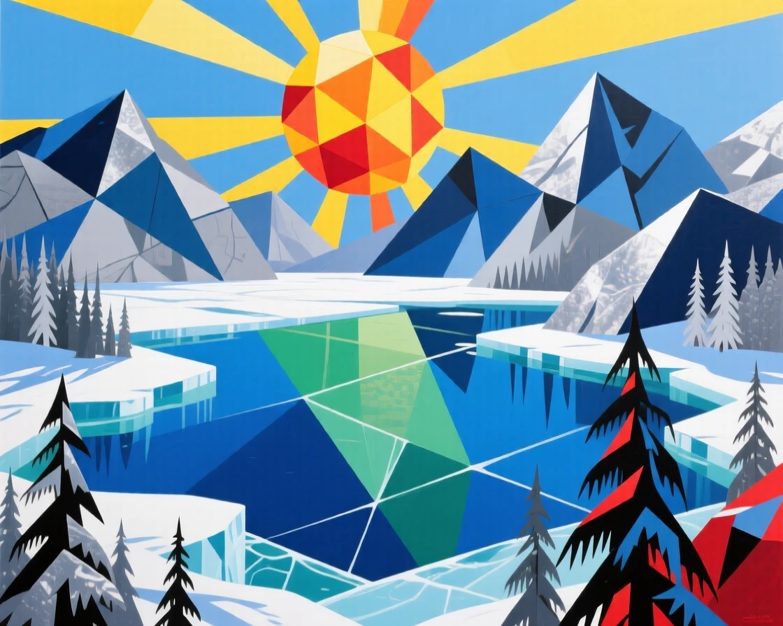 A panoramic view showing a still glacial lake under a blazing midday sun, in deep winter.