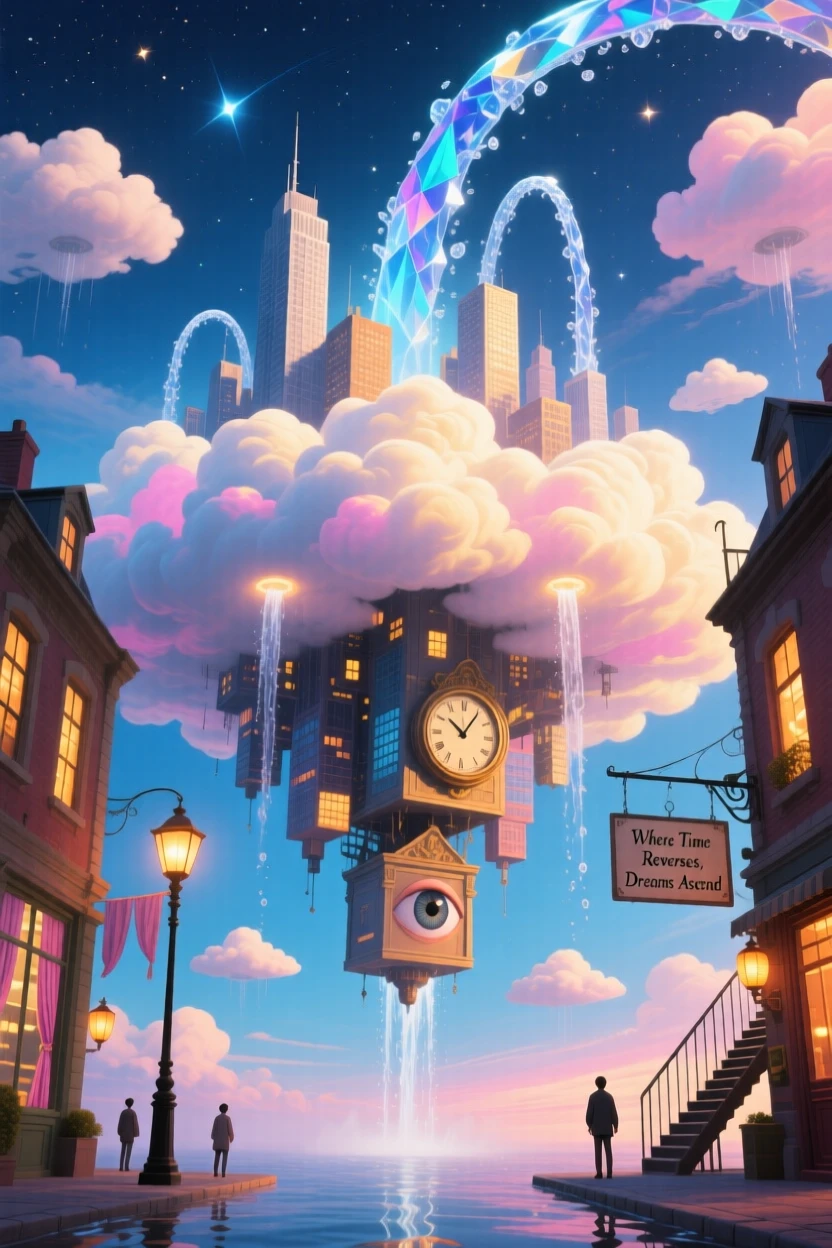 An upside-down city hanging beneath a cloud bank orbits silently through banks of soft cloud, while streams of water arc upward instead of down.