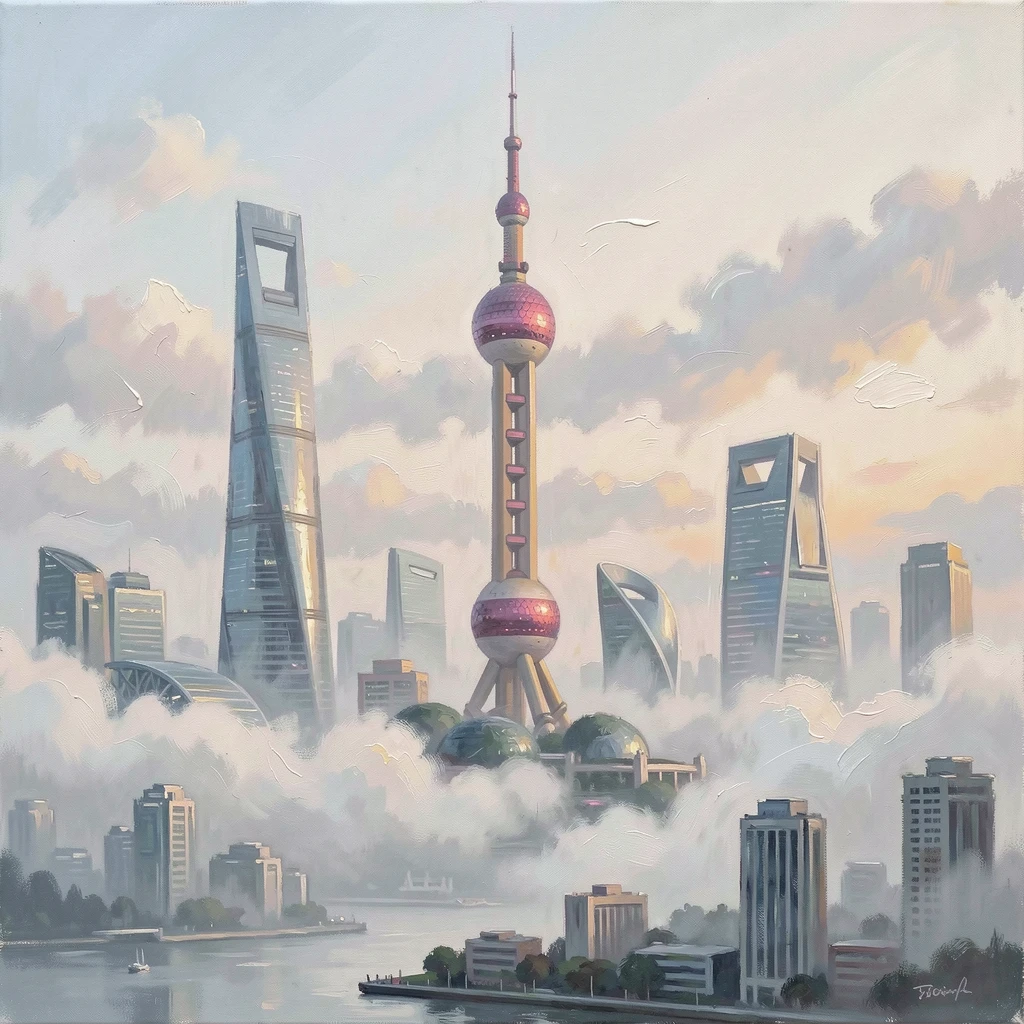 A misty morning in Shanghai reveals the futuristic skyline of Pudong emerging through low clouds, the Oriental Pearl Tower glowing against soft pastel light, the changing light gradually shifting the mood of the landscape from moment to moment.