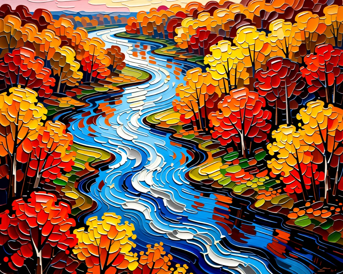 A winding river cutting through a dense autumn forest viewed from above
