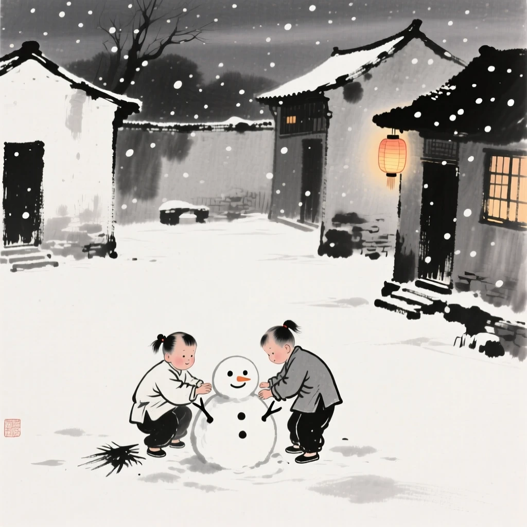 Children build a small snowman in a quiet village courtyard, with lanterns beginning to glow in nearby windows.