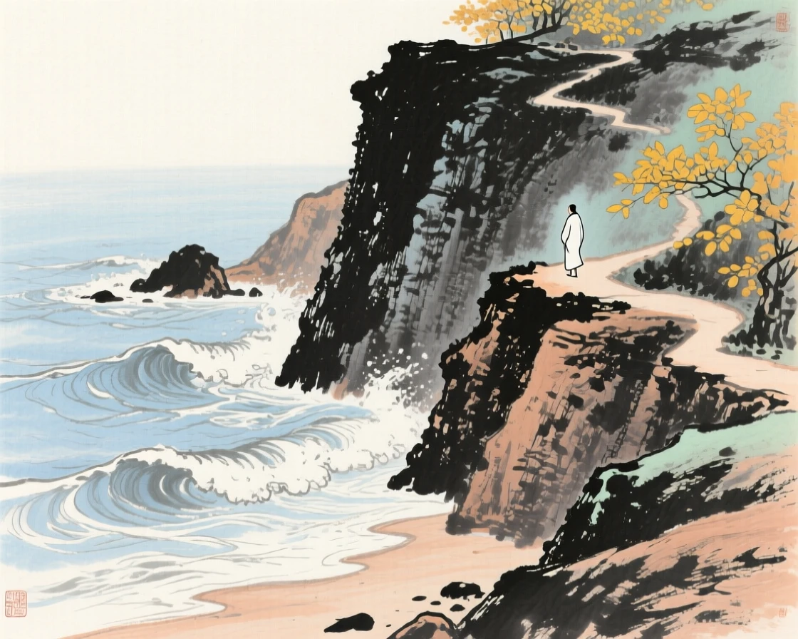 A rocky coastline where waves break gently against cliffs, with a lone figure walking a narrow path in the distance, as autumn leaves turn golden.